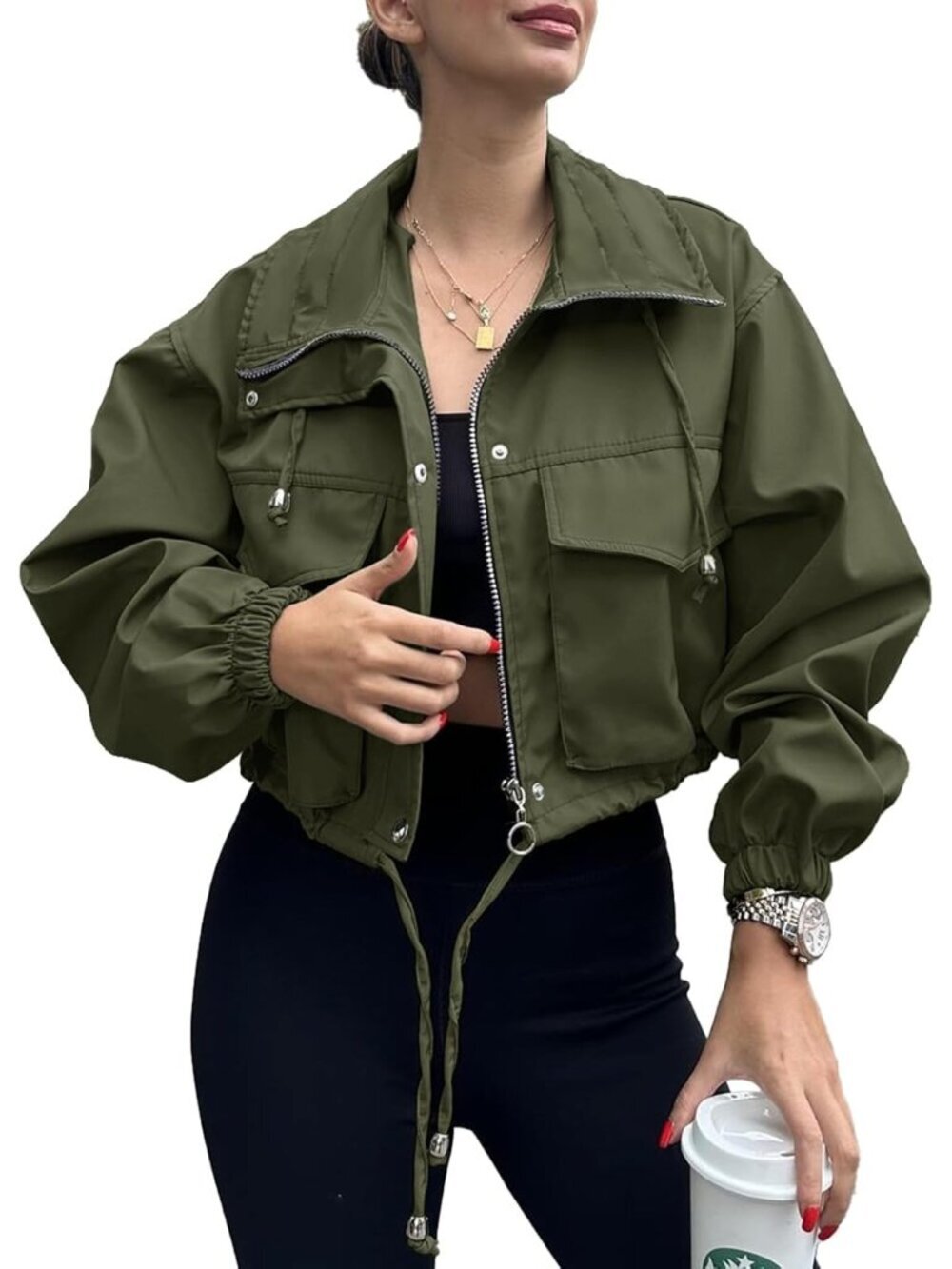 Women's Green Cropped Jacket Zip Up Lightweight Trendy Oversized With Pocket